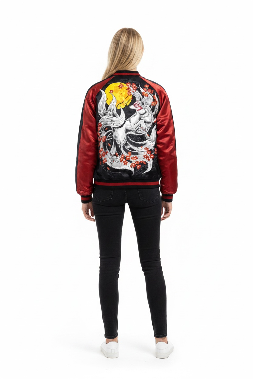 Veste Bomber Style Japonais Kitsune et Cerisiers