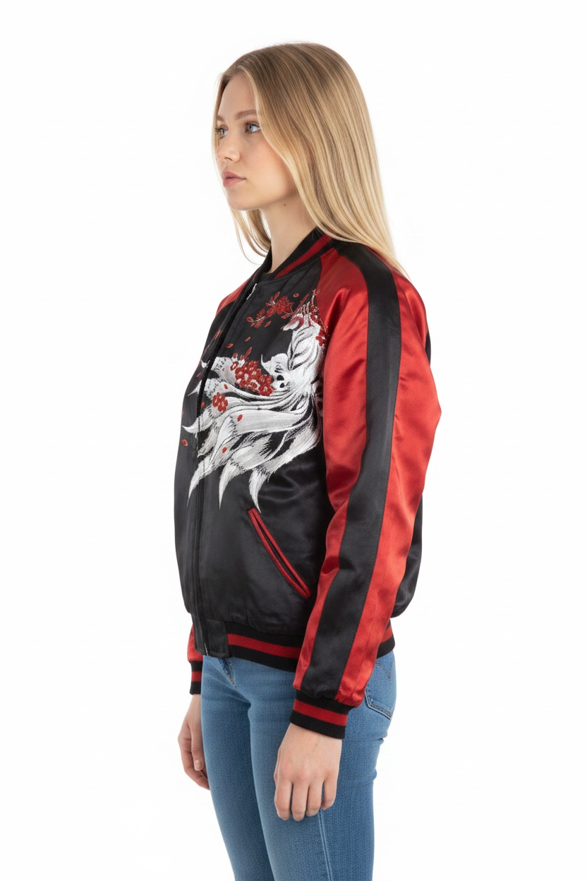 Veste Bomber Style Japonais Kitsune et Cerisiers